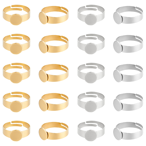 20 шт. 2 стили регулируются 304 компоненты колец из нержавеющей стали, латунная фурнитура платформы для кольца, плоско-круглые