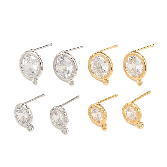 Латунные микро-паве прозрачные серьги-гвоздики из циркония, плоско-круглые, с петлей