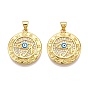 Brass Micro Pave Clear Cubic Zirconia Pendants, Enamel, Nickel Free, Flat Round with Eye of Horus