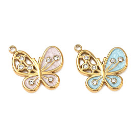 304 Stainless Steel Enamel Pendants, with Rhinestone, Butterfly Charms, Real 18K Gold Plated