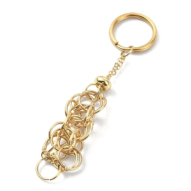 Brass Braided Macrame Pouch Empty Stone Holder for Keychain, with 304 Stainless Steel Ring