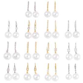 Rack Plating Brass Cubic Zirconia ABS Pearl Earring Hooks, Cadmium Free & Lead Free, Long-Lasting Plated