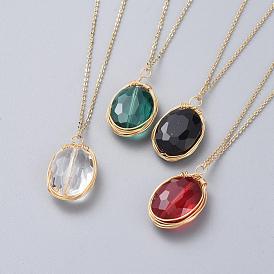 Collares colgantes de cristal, con alambre de cobre, cadenas de cable de latón, extensor de cadena y cierre de pinza de langosta, con caja de cartón, oval