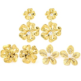 304 Stainless Steel Flower Stud Earrings for Women, with Clear Cubic Zirconia & Imitation Pearl