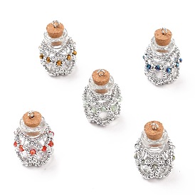 Empty Glass Wishing Bottle Pendants, with Electroplated Glass Seed Beads Covered Edge, Cork Stopper and Platinum Iron Screw Eye Pin Peg