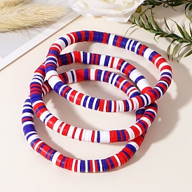 3Pcs Red White Blue Handmade Polymer Clay Heishi Beads Stretch Bracelets Set, for Independence Day