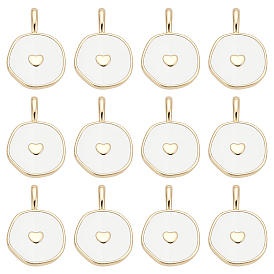 12Pcs Brass Enamel Pendants, Flat Round with Heart, Golden