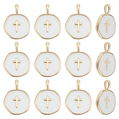12 кулоны латунные эмалевые шт., долговечный, плоские круглые с крестом, реальный 18 k позолоченный