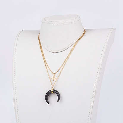 Gemstone Pendant Necklaces, with 304 Stainless Steel Findings, Cross and Double Horn/Crescent Moon