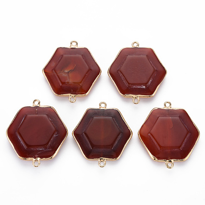 Verbindungsstecker aus natürlichem Karneol, mit goldenem Eisenrand und Schlaufe, gefärbt, Hexagon
