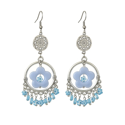 Alloy Ring Chandelier Earrings, Lampwork Flower with Evil Eye Drop Earrings for Women