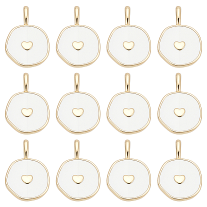 12Pcs Brass Enamel Pendants, Flat Round with Heart, Golden