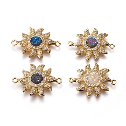 Brass Micro Pave Cubic Zirconia Links Connectors, with Electroplated Natural Druzy Quartz, Sun, Golden