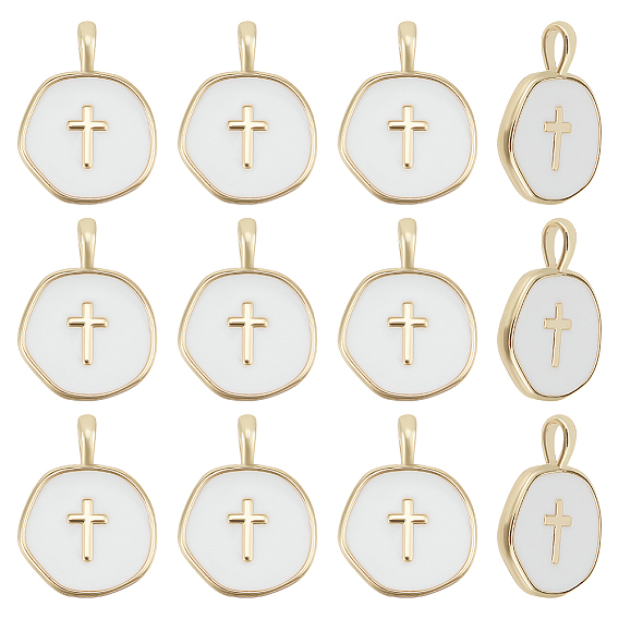 12 кулоны латунные эмалевые шт., долговечный, плоские круглые с крестом, реальный 18 k позолоченный