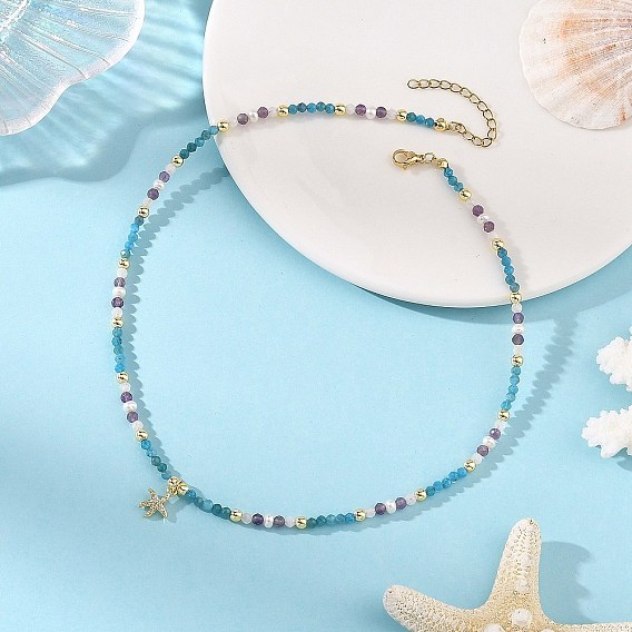 Ocean Brass Micro Pave Clear Cubic Zirconia Starfish Pendant Necklaces, Natural Amethyst & Freshwater Pearl & Rainbow Moonstone & Apatite Pendant Necklaces