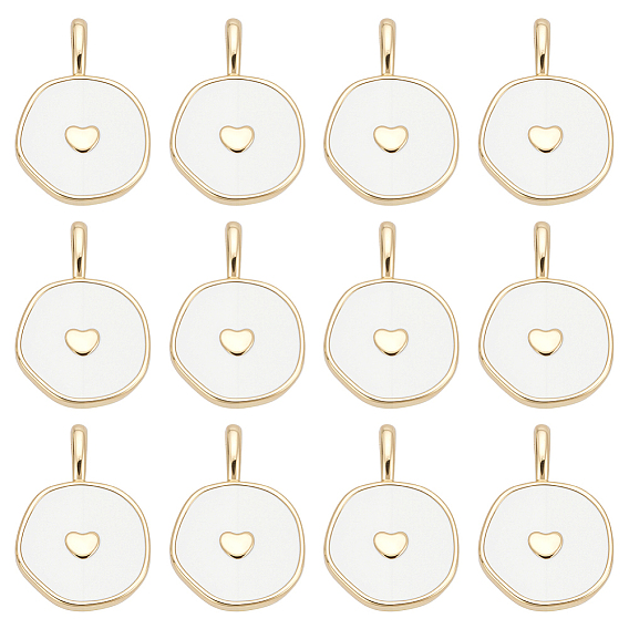 12Pcs Brass Enamel Pendants, Flat Round with Heart, Golden