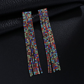 Fashion Long Tassel Earrings with Rhinestone Claw Chain and Full Diamond Ear Studs