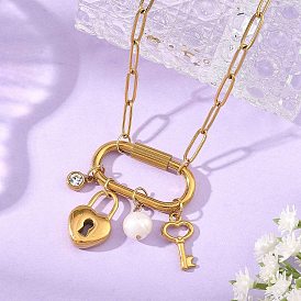 304 Stainless Steel Key & Lock Pendant Paperclip Chain Necklaces with Natural Freshwater Pearl and Screw Clasps