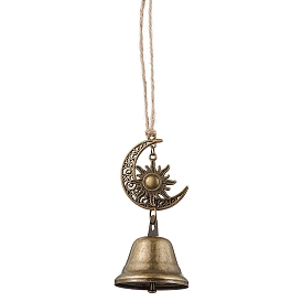 Iron Bell Pendant Decoration, Alloy Moon Sun and Jute Cord for Home Door Hanging Ornaments