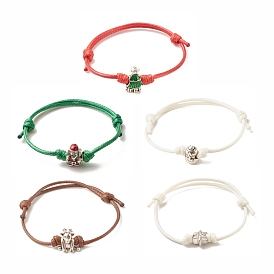 5Pcs 5 Style Christmas Tree & Snowflake & Reindeer & Santa Claus Alloy Beaded Cord Bracelets Set, Adjustable Bracelets for Women