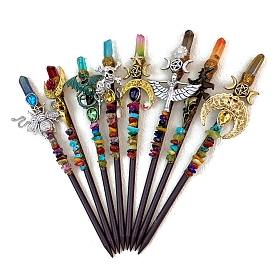 Wood Hair Stick, with Alloy Findings and Natural Dyed Quartz, Hair Accessories