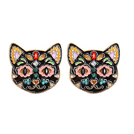 Colorful Cat Earrings with Funny Halloween Ghost Design and Rhinestone Embellishments