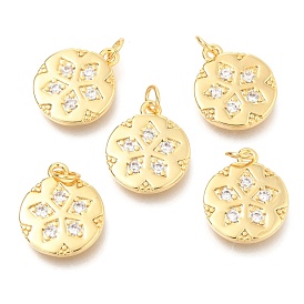 Brass Micro Pave Clear Cubic Zirconia Charms, with Jump Rings, Flat Round with Flower