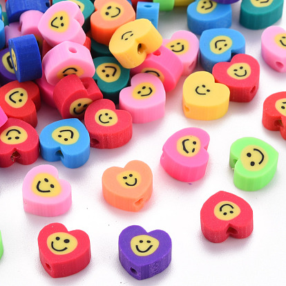 Handmade Polymer Clay Beads, for DIY Jewelry Crafts Supplies, Heart with Smile Face