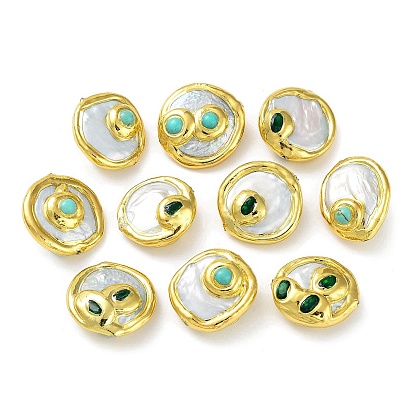 Baroque Natural Keshi Pearl Flat Round Beads, Rack Plating Brass Beads with Glass and Synthetic Turquoise, Long-Lasting Plated