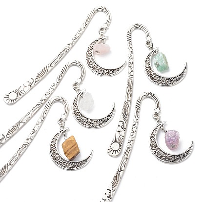 Mixed Natural Gemstone Raw Beads Bookmarks, Hook Bookmark, Moon Pendant Book Marker