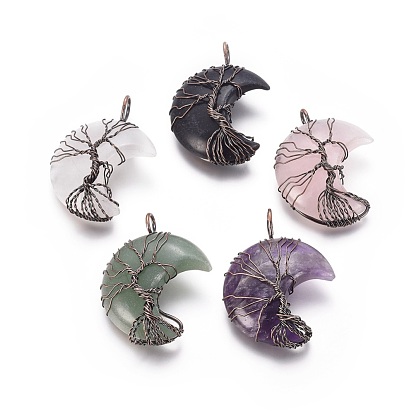 Gemstone Tree of Life Wire Wrapped Pendants, with Brass Findings, Crescent Moon