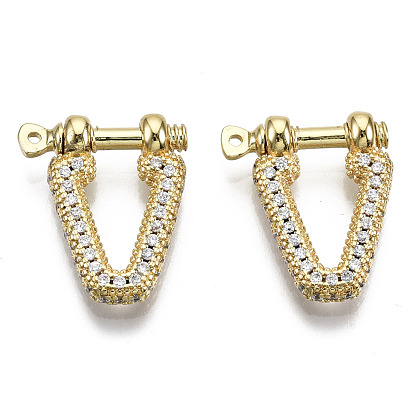 Brass Micro Pave Clear Cubic Zirconia D-Ring Anchor Shackle Clasps, for Bracelets Making, Nickel Free, V Shape