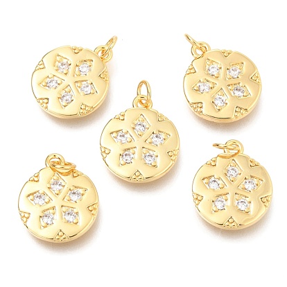 Brass Micro Pave Clear Cubic Zirconia Charms, with Jump Rings, Flat Round with Flower