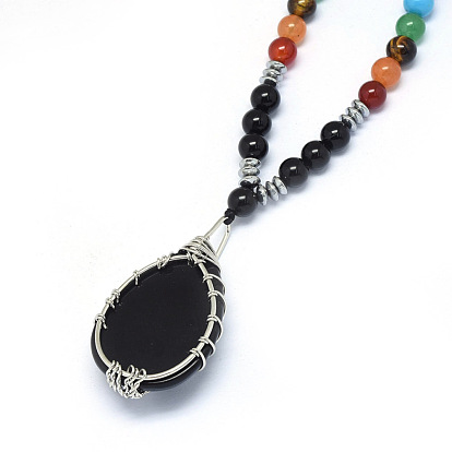 Yoga Chakra Jewelry, Natural & Synthetic Mixed Stone Pendant Necklaces, with Brass Findings, Teardrop with Tree