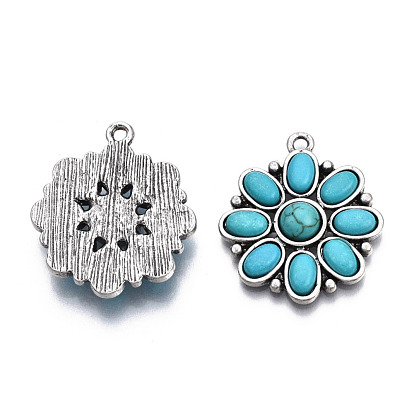 Synthetic Turquoise Pendants, with Antique Silver Tone Aolly Findings, Cadmium Free & Lead Free, Flower