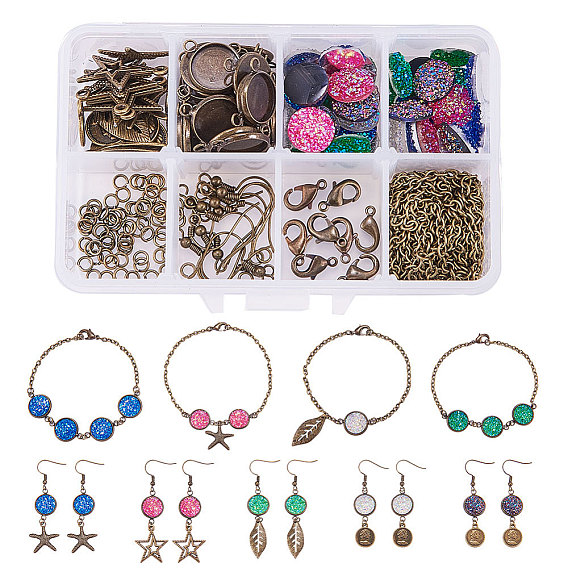 DIY Bracelet Making, with Brass Cabochon Connector Settings, Resin Cabochons, Tibetan Style Pendants and Brass Lobster Claw Clasps