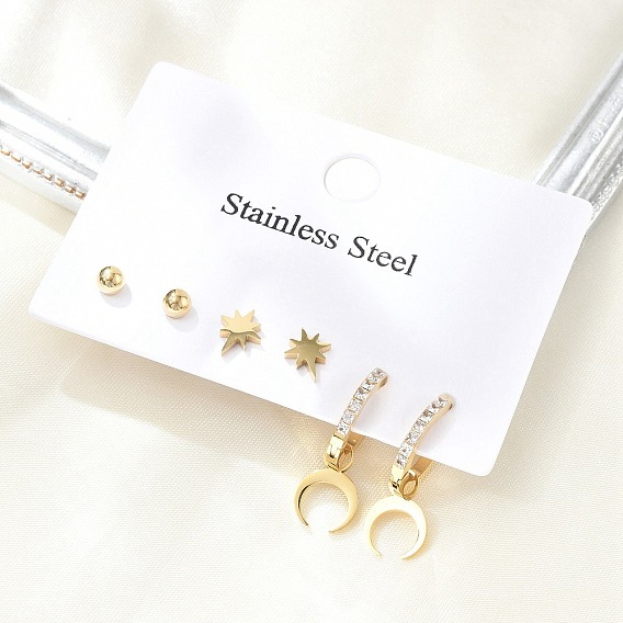 304 комплекты серег из нержавеющей стали со стразами в форме луны и звезды и круглыми серьгами, ионное покрытие (ip)