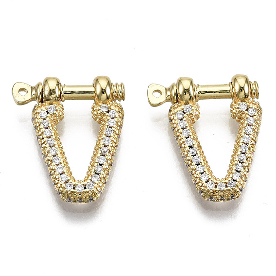 Brass Micro Pave Clear Cubic Zirconia D-Ring Anchor Shackle Clasps, for Bracelets Making, Nickel Free, V Shape