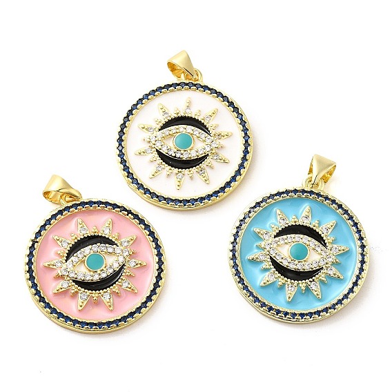 Подвески из настоящей позолоченной латуни с прозрачным кубическим цирконием, с эмалью, без кадмия, без никеля и без свинца, плоские круглые с сглаза