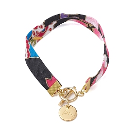 Ethnic Style Polyester Leaf/Flower Printed Ribbon Bracelets, Flat Round 304 Stainless Steel Charm Bracelets for Women