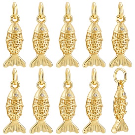 10Pcs Brass Micro Pave Cubic Zirconia Pendants, Fish Charms, Rack Plating, Long-Lasting Plated, Cadmium Free & Lead Free, with Jump Ring