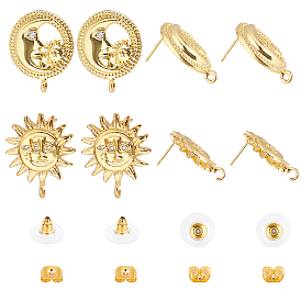 Nbeads 4 Pairs 2 Style Brass Stud Earring Findings, with Loop and Cubic Zirconia, Sun & Moon