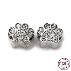 Thailand 925 Sterling Silver Micro Pave Clear Cubic Zirconia European Beads, Large Hole Beads, Dog Paw Print