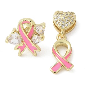 Латунные микро проложить кубического циркония подвески, розовые ленточки-подвески для повышения осведомленности, с эмалью, стойки покрытие, долговечный, без свинца и без кадмия, реальный 18 k позолоченный