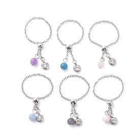 Adjustable 304 Stainless Steel Finger Rings, Slider Rings, with Natural Gemstone Beads and Rhinestone, Stainless Steel Color