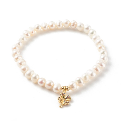 Brass Micro Pave Cubic Zirconia Stretch Charm Bracelets, with Round Natural Pearl Beads, Clover, White
