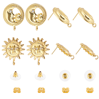 4 Pairs 2 Style Brass Stud Earring Findings, with Loop and Cubic Zirconia, Sun & Moon