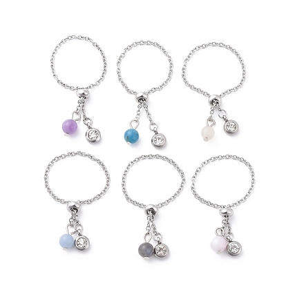 Adjustable 304 Stainless Steel Finger Rings, Slider Rings, with Natural Gemstone Beads and Rhinestone, Stainless Steel Color