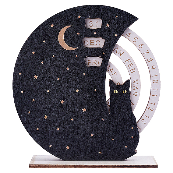 Moon & Star Black Cat Wooden Perpetual Calendar, Adjustable Desk Decor Date Display