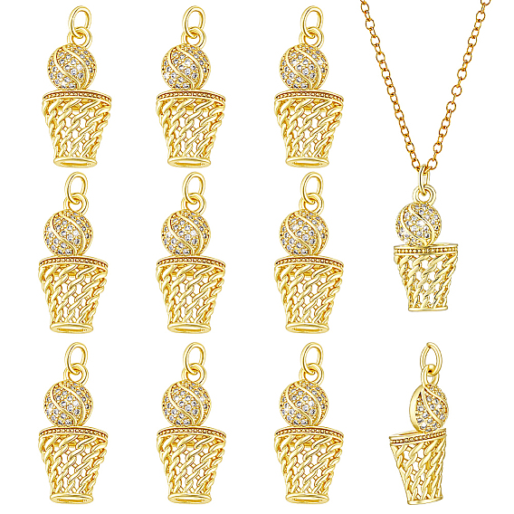 10 colgantes de circonita cúbica transparentes micro pavé de latón, baloncesto, larga duración plateado, chapado en rack, con anillo de salto